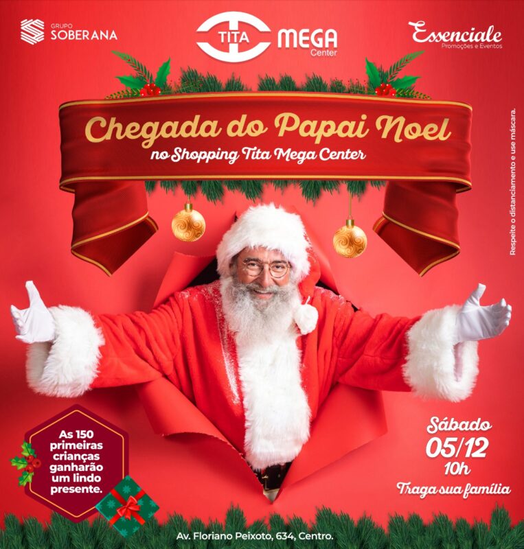 Shopping Tita Mega Center promove chegada do Papai Noel neste sábado (5/12) 1 Para celebrar uma das datas mais esperadas do ano, o Natal, o Shopping Tita Mega Center, por meio da sua administradora, o Grupo Soberana, promove neste sábado, dia 05 de dezembro, a Chegada do Papai Noel. A chegada do bom velhinho está prevista para acontecer por volta de 10h na Praça de Alimentação do empreendimento.
